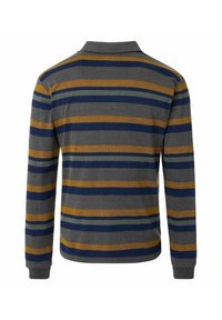 Langærmet polo-shirt med grå base og vandrette striber i marineblå, gul, grøn og mørkeblå. Har krave og ribbede manchetter.