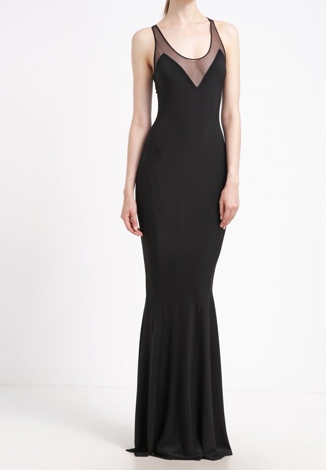 Robe de soirée noire slim avec un décolleté en V en mesh transparent, design sans manches, et un ourlet évasé longueur au sol.