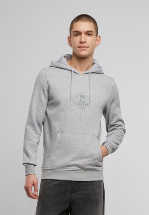 Gray hooded sweatshirt with a front pocket, featuring an embroidered green logo on the chest. Soft fabric and ribbed cuffs at the wrists.