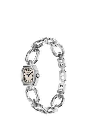 Silberne Fossil-Armbanduhr mit achteckigem Zifferblatt, römischen Ziffern und einem Gliederarmband mit großen geometrischen und strukturierten Gliedern.
