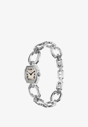 Silberne Fossil-Armbanduhr mit achteckigem Zifferblatt, römischen Ziffern und einem Gliederarmband mit großen geometrischen und strukturierten Gliedern.
