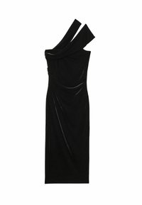 Crna baršunasta haljina s uskim siluetom, dizajnom s jednim ramenom i drapiranim detaljima sprijeda. Glatka tekstura i elegantan oblik.