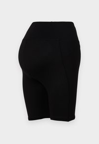 Zwarte high-waisted fietsshorts met een gladde textuur, hebben een nauwsluitend ontwerp en gestikte naden, die tot net boven de knie reiken.