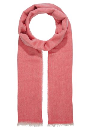 Écharpe en laine rose pâle avec de fines franges aux extrémités, soigneusement repliée en boucle circulaire.