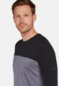 Langärmliges Hemd mit einem schwarzen oberen Abschnitt und einem grauen unteren Abschnitt. Glatte Textur, Rundhalsausschnitt, mit einem Logo auf dem Ärmel.