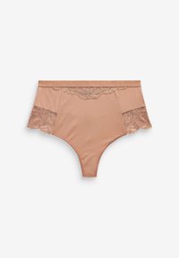 Ropa interior de encaje beige de talle alto con paneles de encaje floral en los laterales y en la parte delantera, diseño sin costuras y cintura elástica.