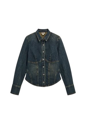 Denim jacket in dark blue with a structured silhouette, button front, collar, and two chest pockets. Textured finish with contrast stitching.
