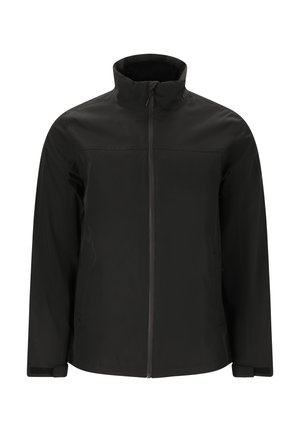 Veste noire résistante à l'eau avec un col montant, fermeture éclair à l'avant et manches longues. Elle présente une texture lisse et un design minimaliste.