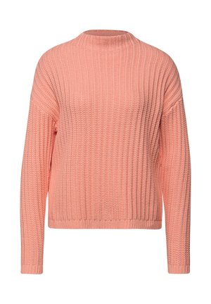 Rosa stickad tröja med ribbad textur, rund halsringning och långa ärmar. Designen är avslappnad passform och har en enfärgad ton med jämn sömnad.