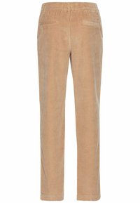 Lys beigens corduroy bukser med lige ben, to baglomme og lodrette ribber for tekstur.