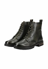 Botas de tobillo de cuero verde oscuro con un acabado suave, que cuentan con un cierre de cordones en la parte delantera, un pequeño zipper lateral y una suela de goma negra texturizada.