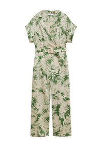 Combinaison verte et beige avec motifs de feuilles tropicales, manches courtes, taille ceinturée et coupe jambes larges. Confectionnée en tissu lisse.