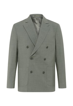 Double-breasted blazer in light gray fabric, featuring notched lapels, four buttons, two front pockets, and a smooth interior lining.