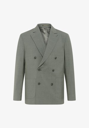 Blazer croisé en tissu gris clair, avec revers à cran, quatre boutons, deux poches avant et une doublure intérieure lisse.