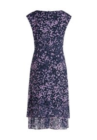 Ärmelloses Kleid mit tailliertem Oberteil und ausgestelltem Saum, mit einem dunkelblauen Grundton und einem verstreuten Muster aus lila und lila Punkten.