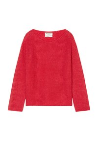 Red knitted sweater with a loose fit, wide neckline, and long sleeves. Features a ribbed texture and a casual design.