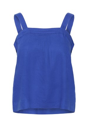 Sinine linane tanke-top, millel on laiad rihmad, lõtv istuvus, ees pleatid ja sirge alläär. Sile tekstuur minimaalse detailimisega.