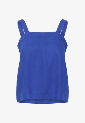 Zila lina blūze ar platām siksnām, brīvu piegriezumu, priekšējiem krokām un taisnu apakšmalu. Gluda tekstūra ar minimālu dekorāciju.