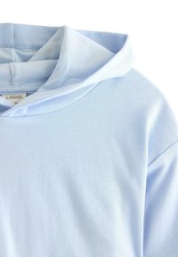 Hellblauer Kapuzenpullover mit weicher Textur, doppelter Kapuze und lockerem Schnitt. Der Stoff ist glatt und weist nur wenige Details auf.