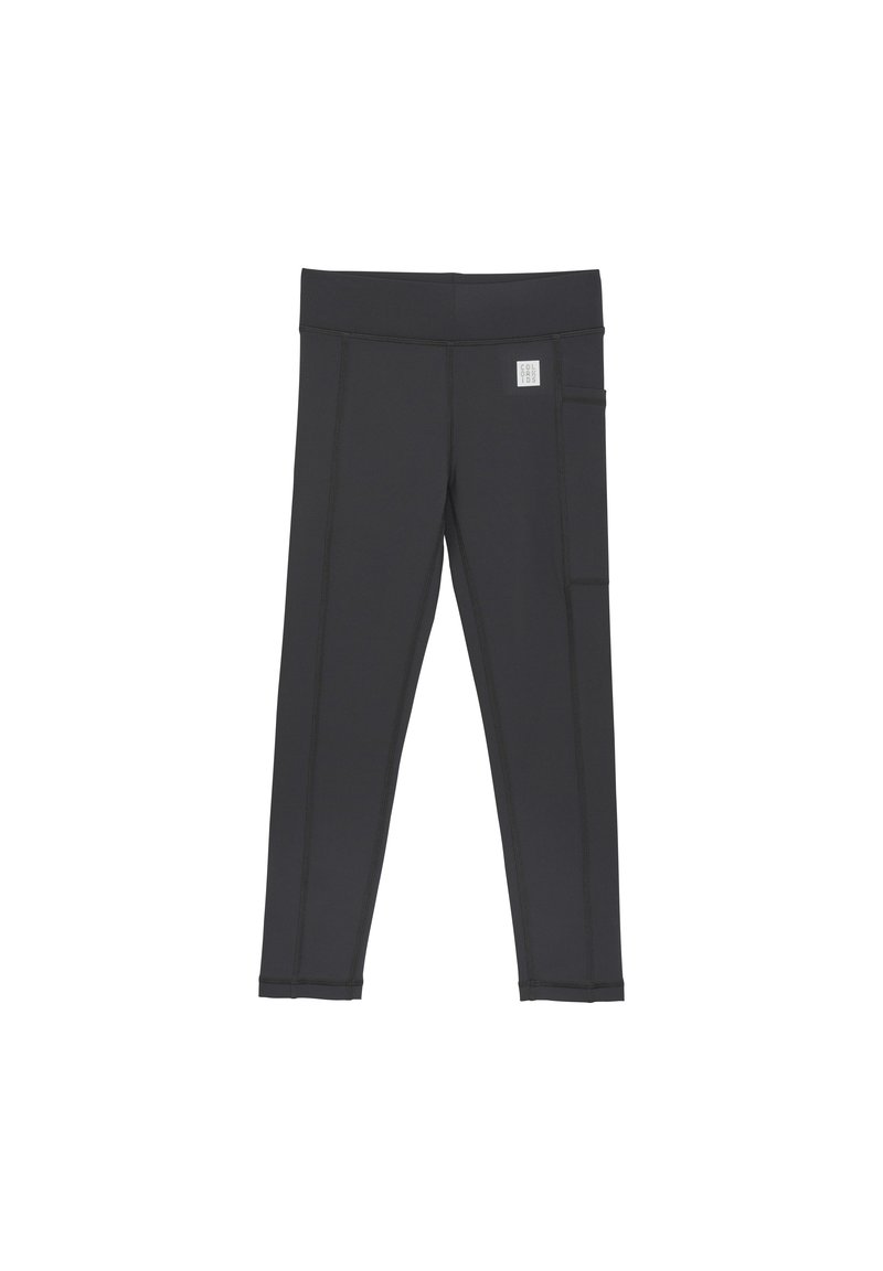 Sorte aktive leggings med bredt liv, slim fit, flate sømmer og en sidelomme. Laget av elastisk stoff for komfort og bevegelse.