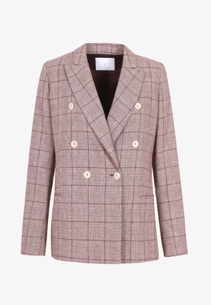 Blazer croisé à motif à carreaux marron et crème, avec de gros boutons crème, des revers en encoche et des poches latérales.