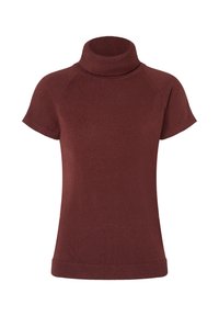 Kurzärmeliger, rötlich-brauner Rollkragenpullover aus leichtem, weichem Strickstoff. Mit einem gerippten Ausschnitt und Saum.