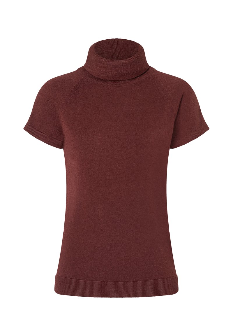 Kurzärmeliger, rötlich-brauner Rollkragenpullover aus leichtem, weichem Strickstoff. Mit einem gerippten Ausschnitt und Saum.