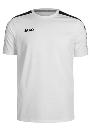Witte JAKO t-shirt met zwarte accenten op de schouders, ronde hals, korte mouwen en cirkelvormige grijze logo-gegevens op de mouwen. Zacht stof.
