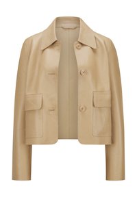 Beige Lederjacke mit spitzem Kragen, doppelt geknöpftem Verschluss und zwei vorderen Taschen. Glatte Textur, verkürztes Design.