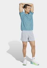 Camiseta de manga corta en color teal con rayas verticales, combinada con pantalones cortos gris claro. Zapatillas blancas con detalles verdes completan el conjunto.