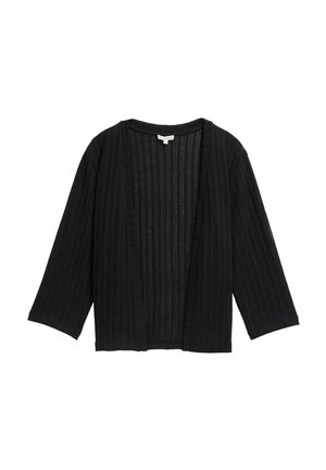 Cardigan noir à côtes, avec une coupe ample, des manches larges et un devant ouvert. Le tissu présente une apparence texturée avec des lignes verticales.