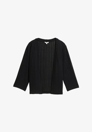 Black ribbed cardigan with a loose fit, wide sleeves, and an open front. The fabric has a textured appearance with vertical lines.