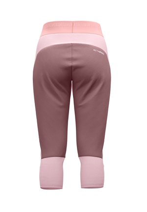 Back view of pink and mauve athletic leggings with "METAWOOL" logo on right hip and branded waistband.