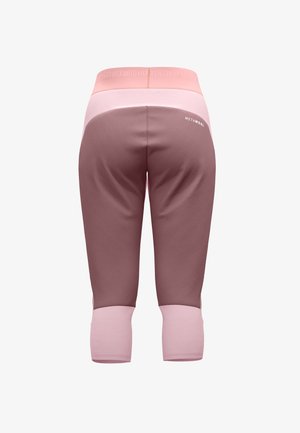Back view of pink and mauve athletic leggings with "METAWOOL" logo on right hip and branded waistband.