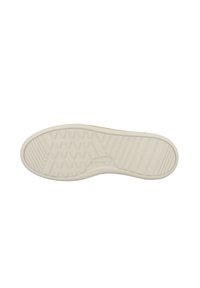 Weiße Gummisohle mit einer strukturierten, gemusterten Oberfläche, die ein hexagonales und lineares Design für Grip und Traktion aufweist.
