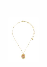 Delicate gold chain necklace with evenly spaced small beads and an oval pendant featuring an engraved floral design with pink and orange colors.