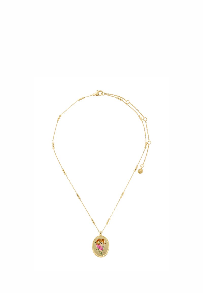 Delicate gold chain necklace with evenly spaced small beads and an oval pendant featuring an engraved floral design with pink and orange colors.