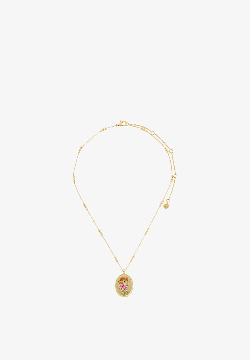 Õrn kuldse ketiga kaelakee, millel on ühtlaselt paigutatud väikesed helmeste ja ovaalse ripatsiga, mis on graveeritud lillemustriga roosade ja oranžide toonidega.
