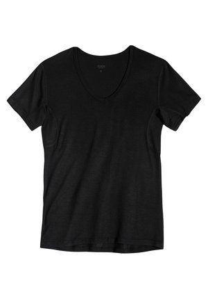Black v-neck t-shirt made of soft fabric with short sleeves and a relaxed fit. Smooth texture with no visible patterns or accents.