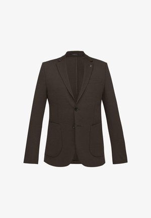 Ciemnobrązowa marynarka męska z dwoma naszywanymi kieszeniami z przodu, dwoma guzikami i kołnierzem z wycięciem na klapę.