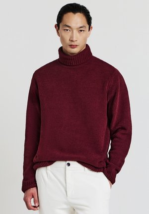 Junger Mann in einem burgunderfarbenen Rollkragenpullover und weißen Hosen, der vor einem einfarbigen hellgrauen Hintergrund steht.