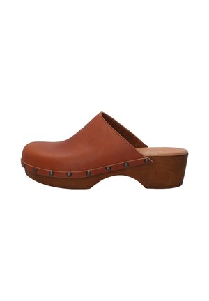 Brown leather clogs with a rounded toe, wooden heel, and metal studs along the upper edge. Smooth texture and minimalist design.