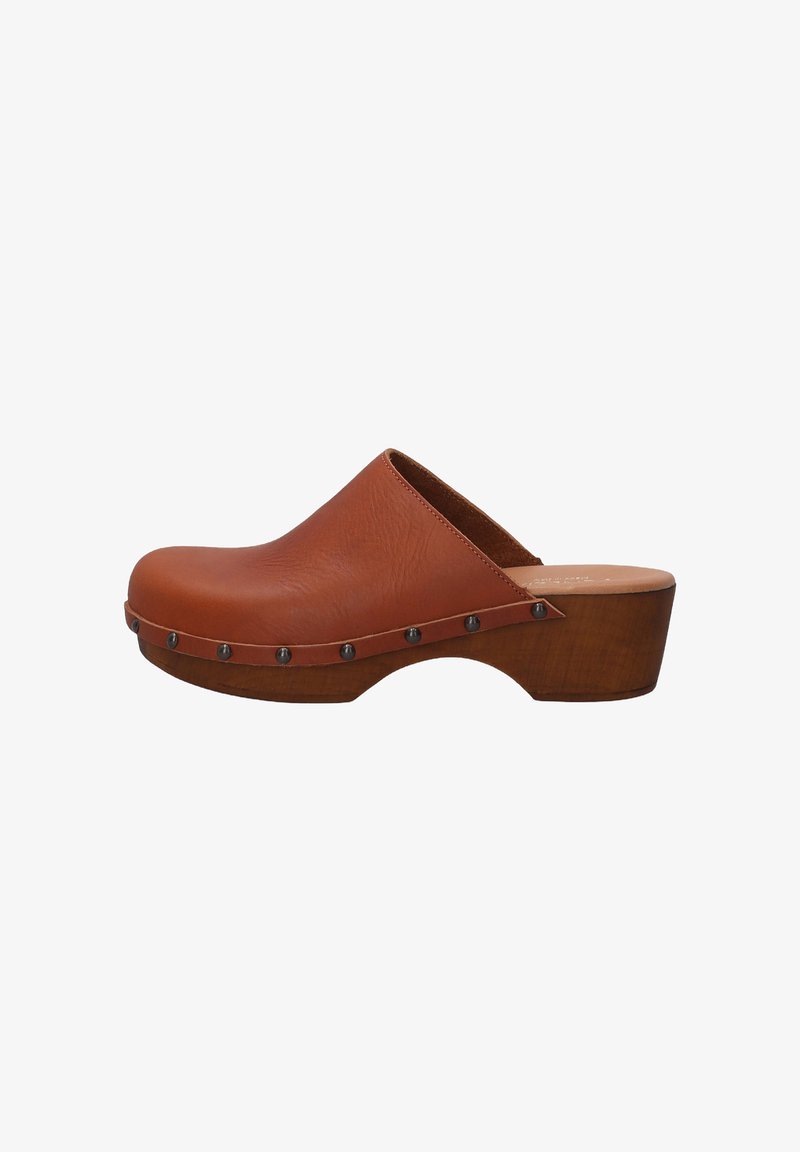 Brown leather clogs with a rounded toe, wooden heel, and metal studs along the upper edge. Smooth texture and minimalist design.