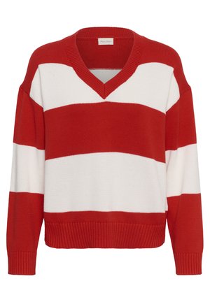Rot-weißer, breit gestreifter Strickpullover mit V-Ausschnitt und langen Ärmeln.