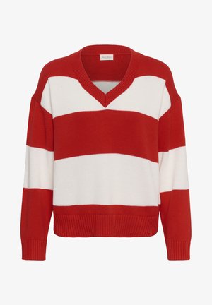 Rot-weißer, breit gestreifter Strickpullover mit V-Ausschnitt und langen Ärmeln.