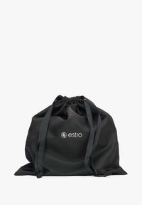 Sac à cordon noir en tissu lisse, avec un logo "estro" sur le devant, texture douce, et haut froncé pour la fermeture.
