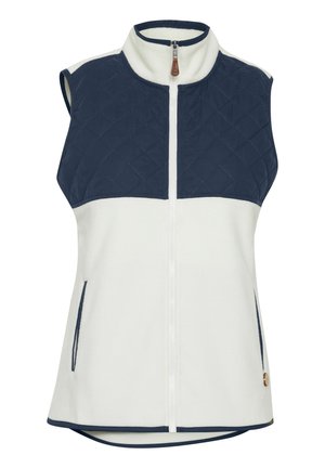 Bezrękawnik z pikowanym granatowym górnym materiałem i białym dolnym, z zamkiem błyskawicznym z przodu oraz bocznymi kieszeniami. Dodatkowe akcenty to granatowe wykończenia.