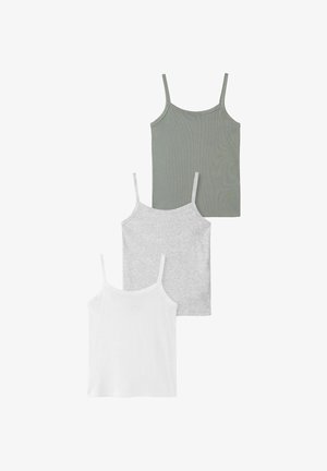 Trzy damskie bawełniane topy bez rękawów w kolorze zielonym, jasno szarym i białym, ułożone pionowo na białym tle.
