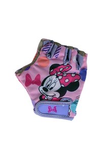 Pinkfarbener halber Handschuh mit einem Aufdruck eines Cartoon-Charakters, versehen mit Punkten und einer Schleifen-Design. Elastisches Gewebe mit gepolsterter Handfläche und violetten Akzenten.