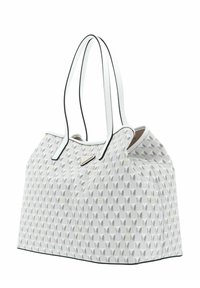 Grande borsa tote realizzata in tela bianca con un motivo geometrico in nero e accenti gialli, dotata di due manici bianchi e una forma strutturata.